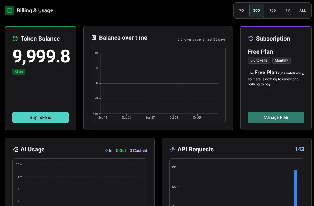 Billing and Usage with the token balance, balance over time and the current plan