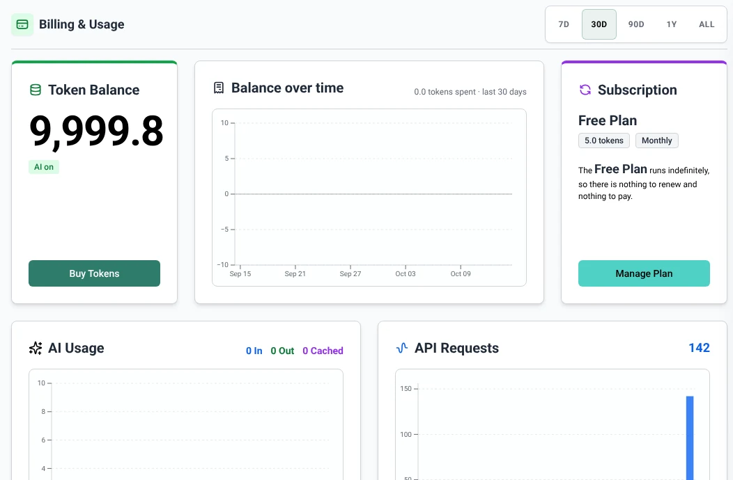 Billing and Usage with the token balance, balance over time and the current plan