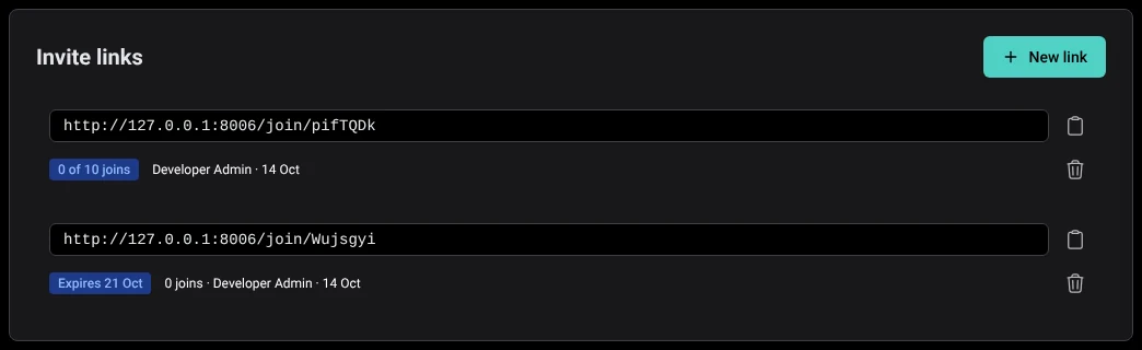 Two invite links, one ending after 10 joins and one expiring on a date