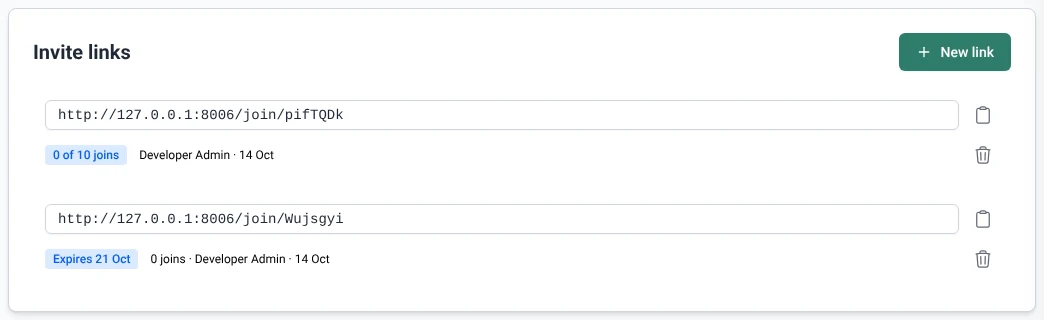 Two invite links, one ending after 10 joins and one expiring on a date