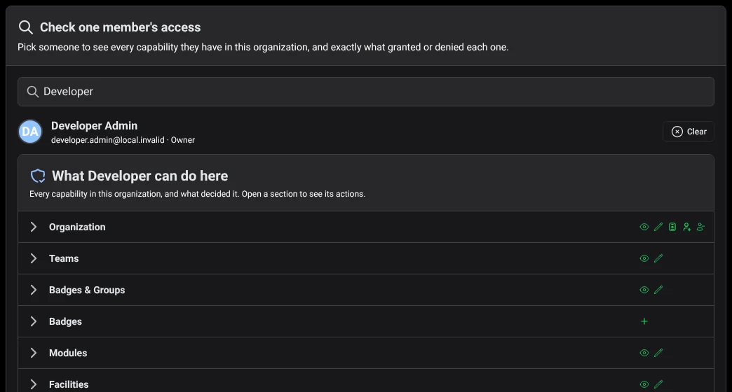 One member picked on the Permissions page, with what they can do in each section