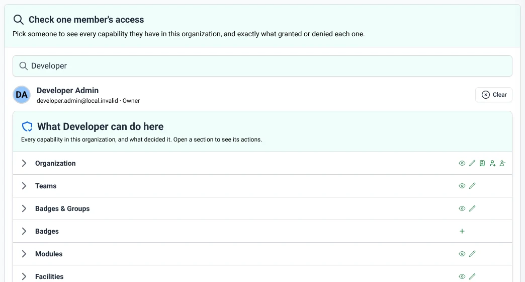 One member picked on the Permissions page, with what they can do in each section