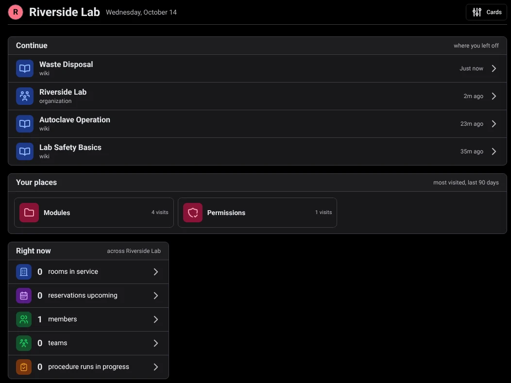 The Overview page with Continue, Your places and Right now cards
