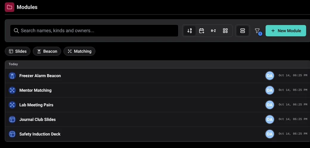 The Modules page in Mantle