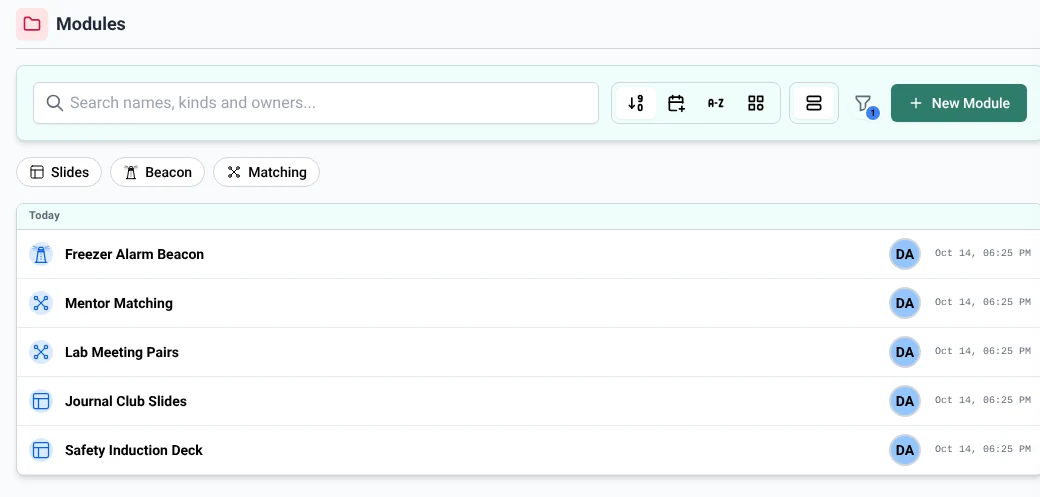 The Modules page in Mantle