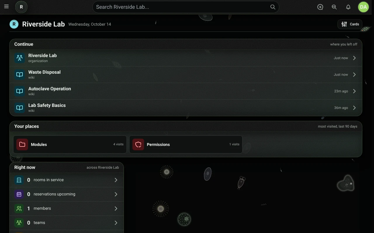 The Overview page in Microscope, or Dark Microscope when you read in dark mode, with microbes drifting behind