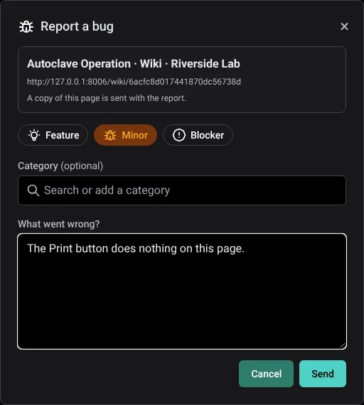 The Report a bug form, naming the page it is about