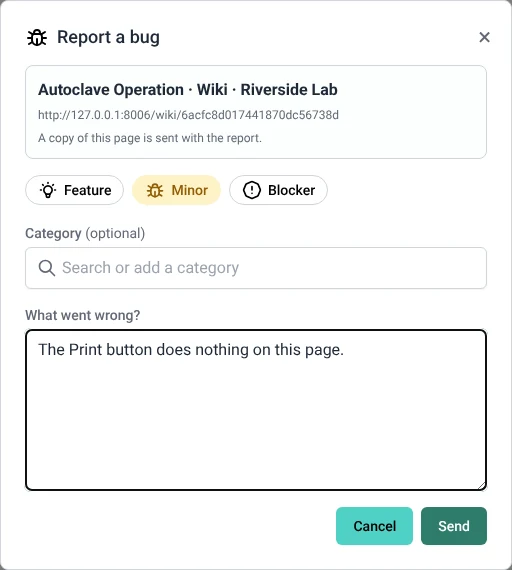 The Report a bug form, naming the page it is about