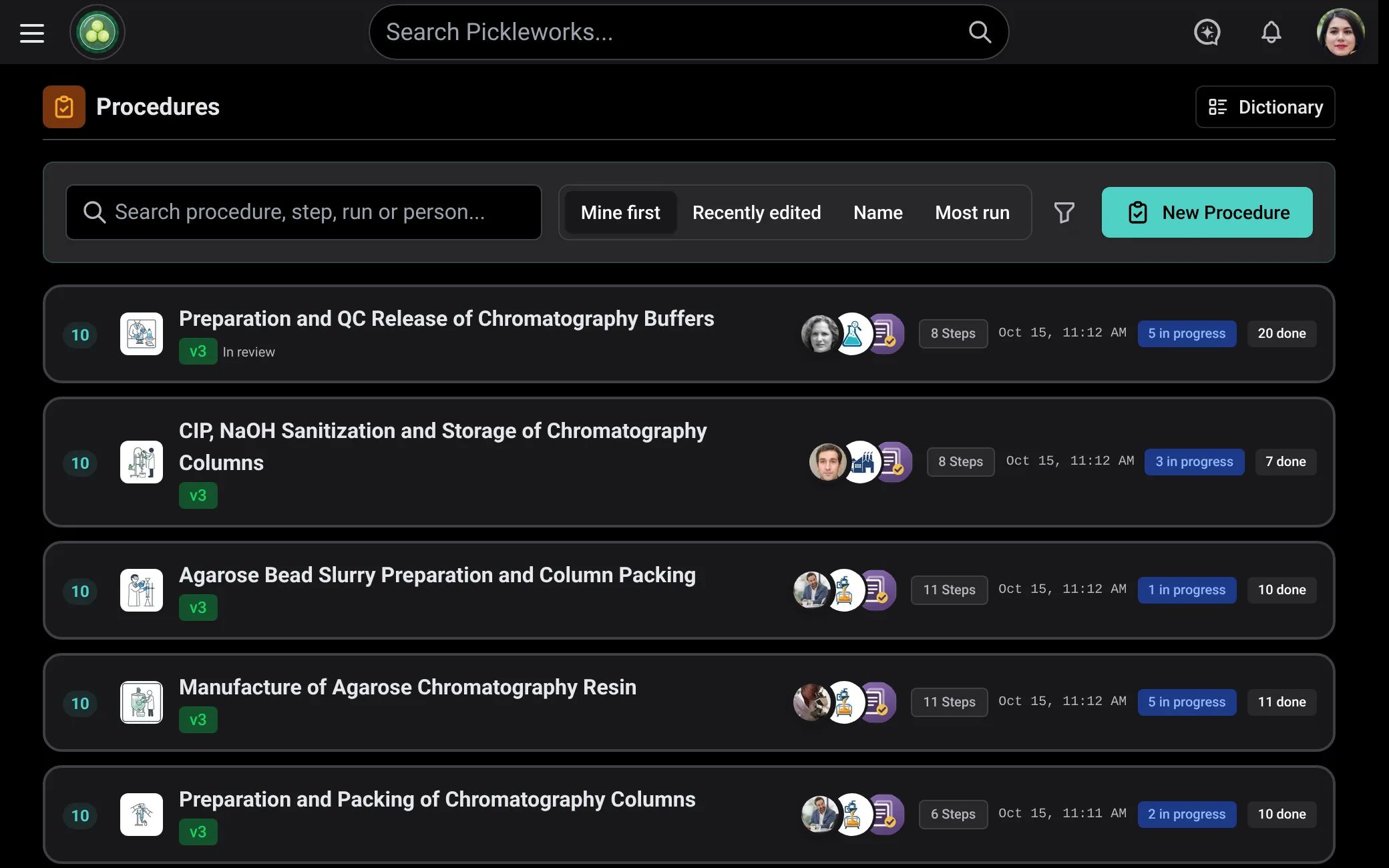 The Procedures page in Mantle