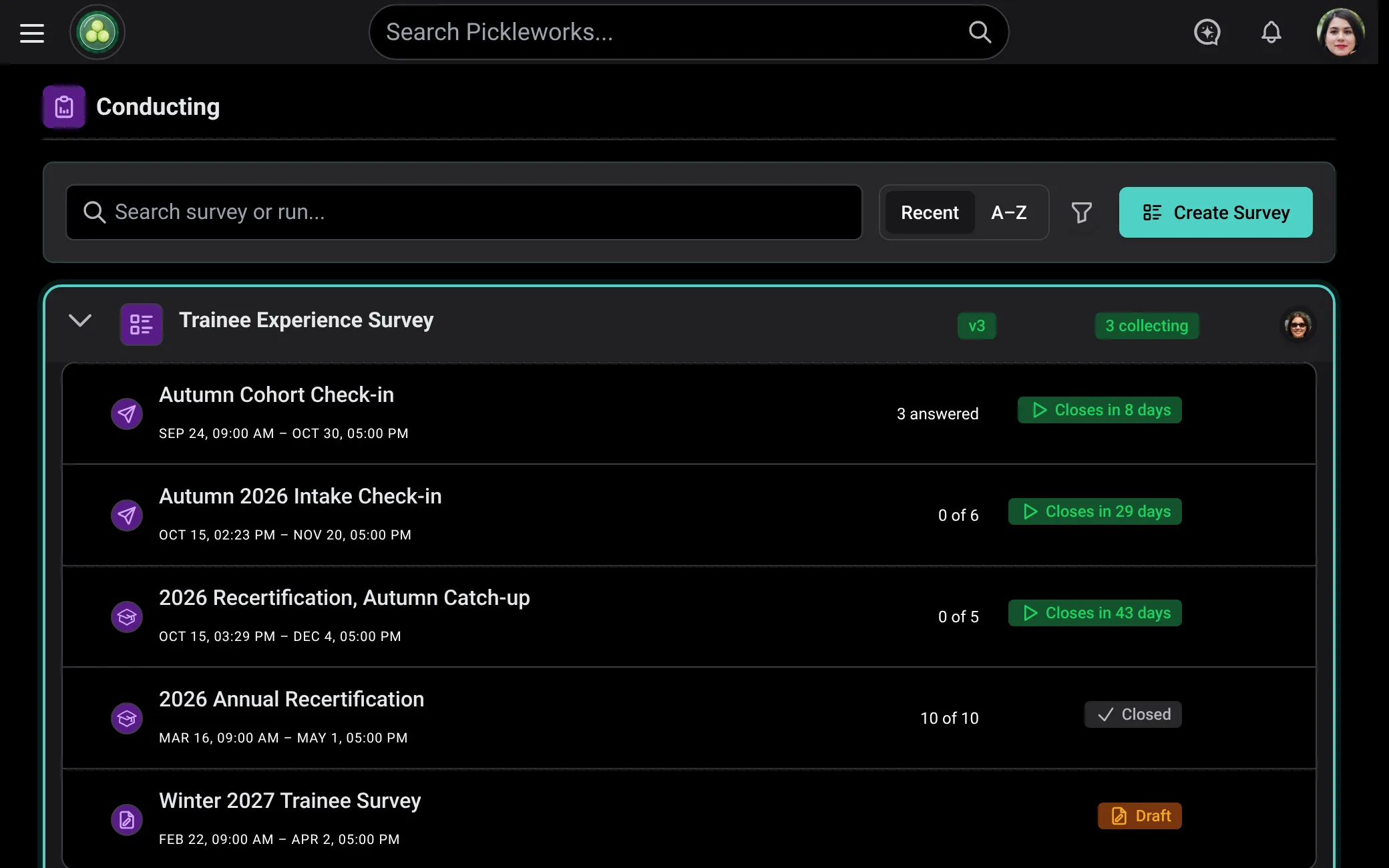 The Surveys page in Mantle