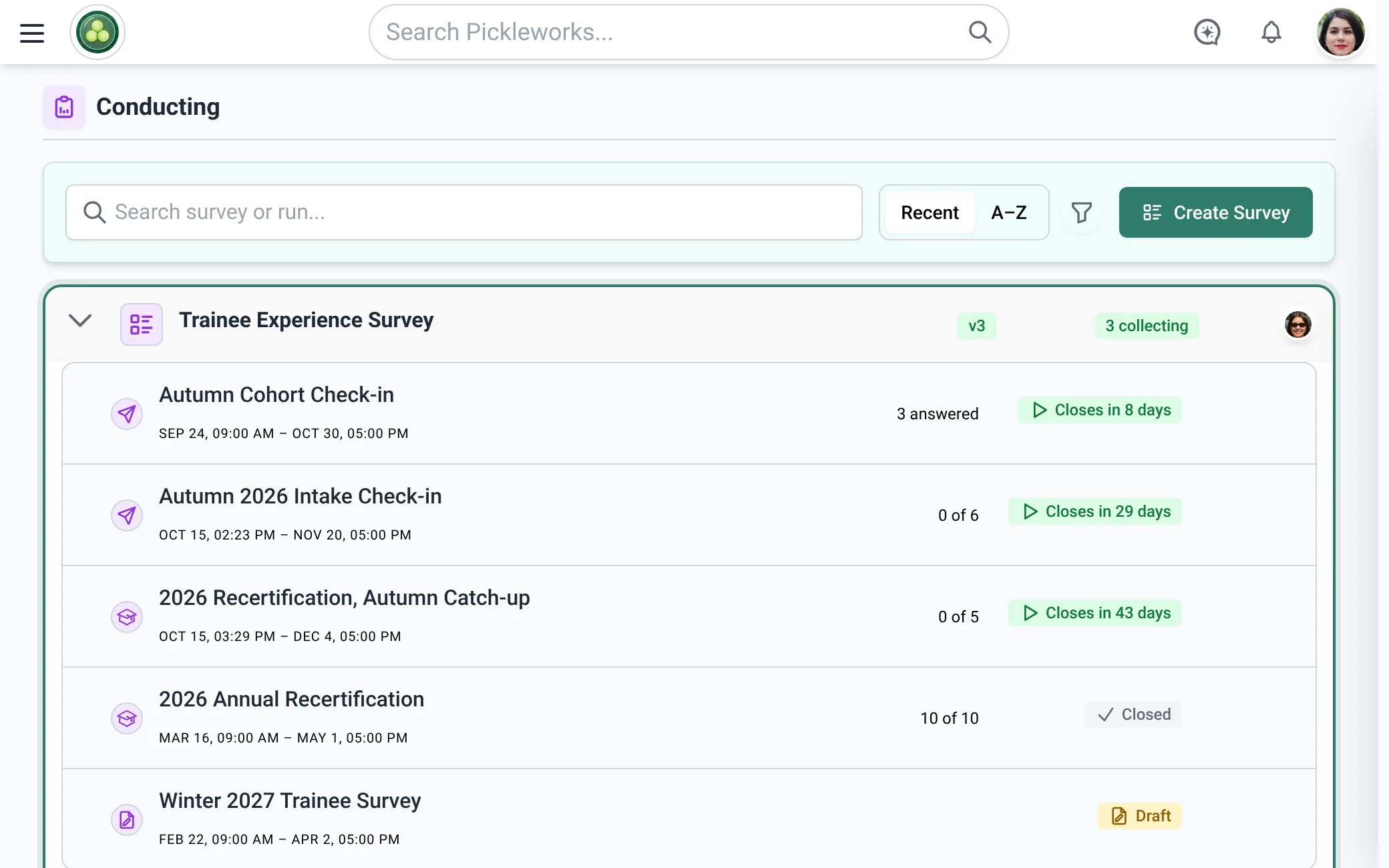 The Surveys page in Mantle